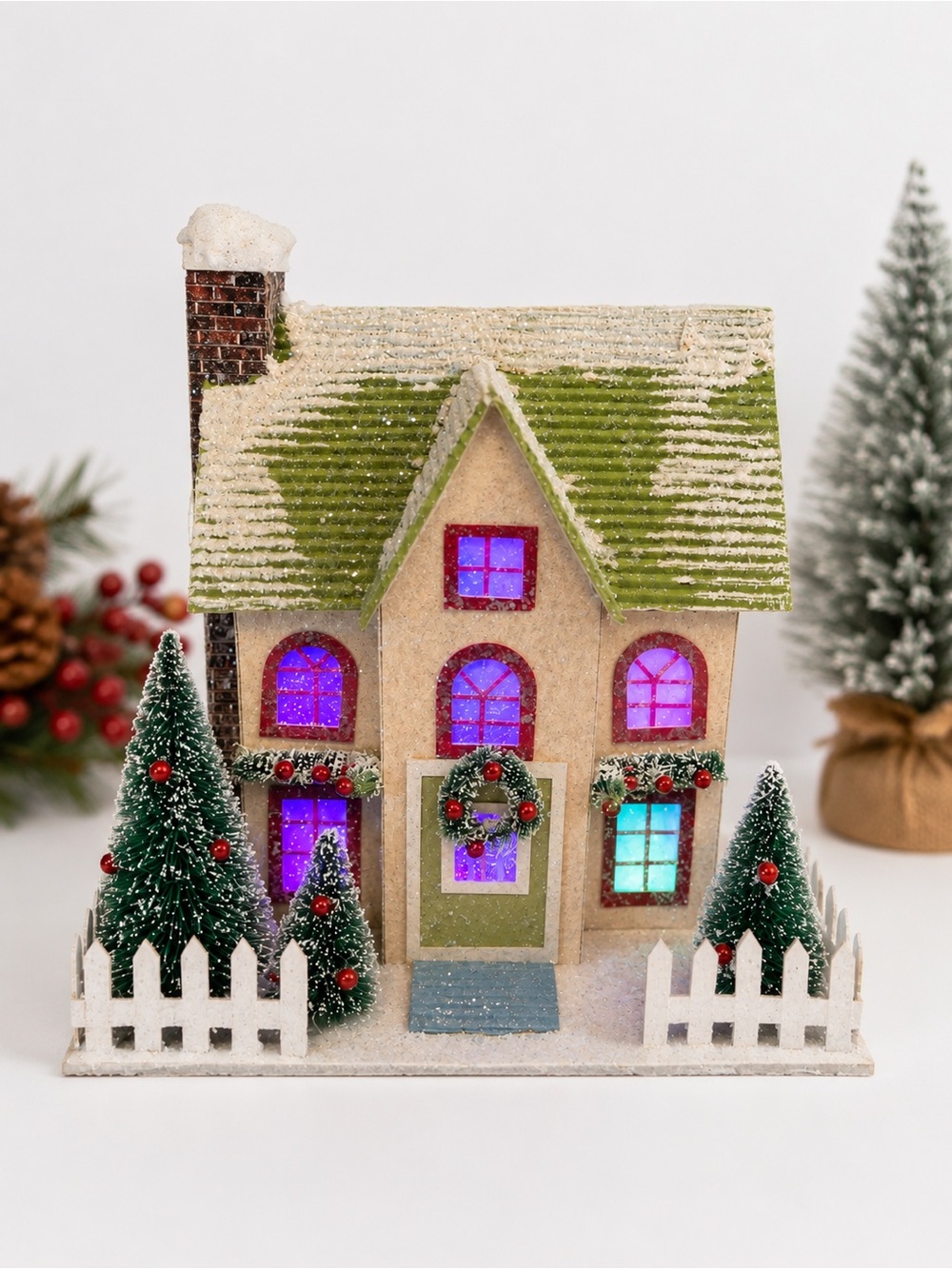 Vintage Style Lighted Christmas House Color Changing LED Cardboard Cottage